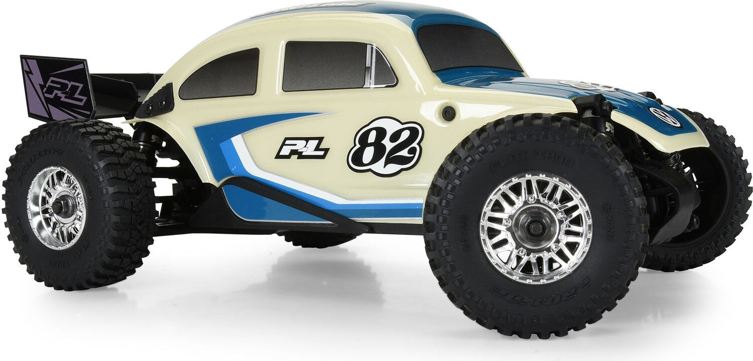 Class 1 VW Bug Blue Race Body Conversion Kit and Flat Iron M/T Tires Mounted 12mm Chrome Diablo (4) for ARRMA TYPHON GROM